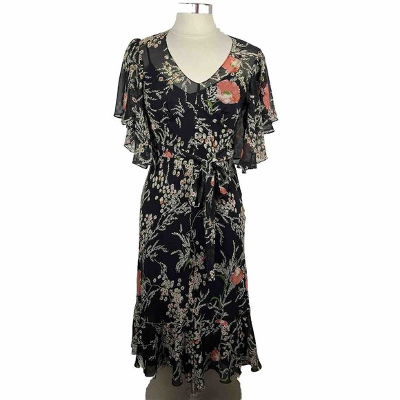 Girls From Savoy Dress 4 Womens Black Floral Silk Chiffon Midi Anthropologie - Picture 1 of 10